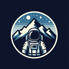 Astronaut standing in front of majestic mountains under starry sky.