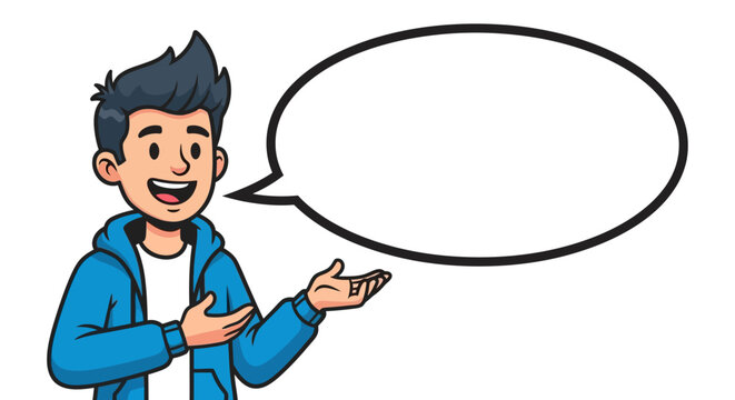 Animated character in blue hoodie presenting a blank speech bubble idea with cheer