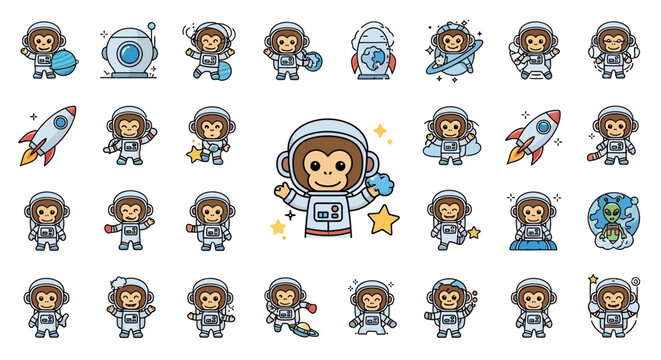 Collection of playful monkey astronauts exploring the cosmos with rockets and planets