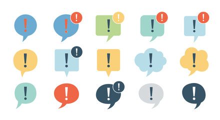 Diverse notification bubble collection with vibrant exclamation points signaling alerts
