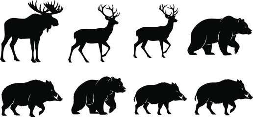 Obraz premium Collection of diverse wildlife silhouettes, featuring moose, deer, bear and boar in vector style