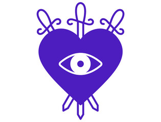 Purple heart pierced by swords with an eye isolated on transparent background