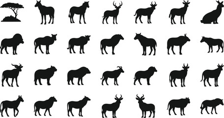 Fototapeta premium Collection of wildebeest silhouette different poses of gnu, african antelope and mammal animal