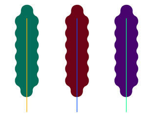 Three wavy elongated leaves in different colors isolated on transparent background
