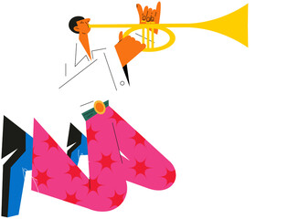 Man playing trumpet with rock and roll hand gesture, isolated on transparent background