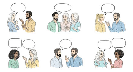 Diverse group conversations captured in hand drawn sketched illustration with speech bubbles