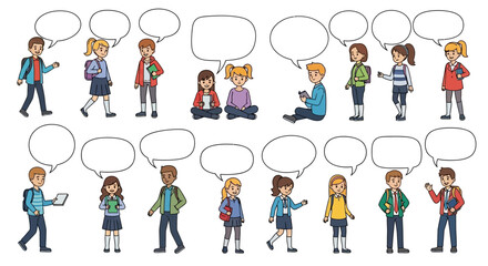 Diverse cartoon school kids in various poses with speech bubbles perfect for educational content