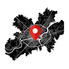 Detailed city map illustration with a prominent location marker creating a visual point of interest