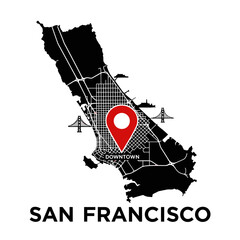 San Francisco urban planning vector map highlighting downtown area with landmarks and streets