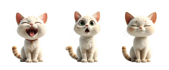 3dアニメのキャラクター　クリーム色の猫　大笑い　びっくり　目を閉じる　クリップアート　挿絵　セット　png