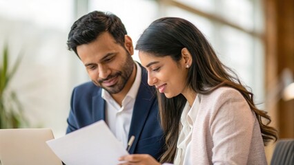 Man and young woman reviewing and signing contract &mdash; representing partnership, opportunity, and professional commitment in Indian workplace