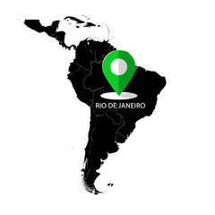 South America map highlighting Rio de Janeiro with a green location pin showcasing tourism