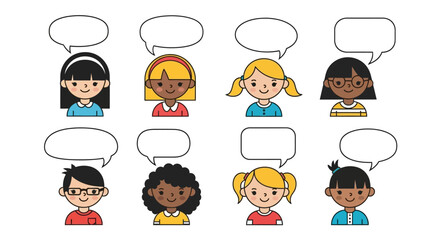 Diverse group of children with speech bubbles offering communication concept idea