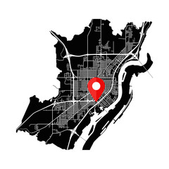 Modern stylized city map illustration featuring a vibrant pin marker for emphasis location