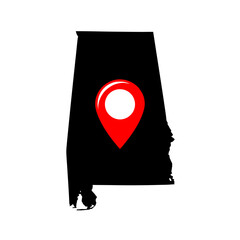 Alabama geographical representation with pinpoint location indicator symbol visual design