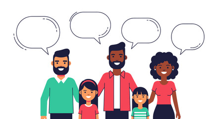 Multicultural family with speech bubbles, representing communication and diverse voices in a