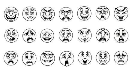Diverse range of hand-drawn emoticon designs showing varied expressions and emotional states using