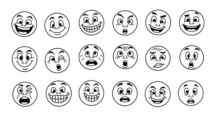 Assortment of monochromatic smiley faces showcasing diverse emotions in cartoon style