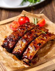 Barbecue Pork Ribs with Glaze and Herbs for Premium Meat Food Object and Grilled Cuisine Concept