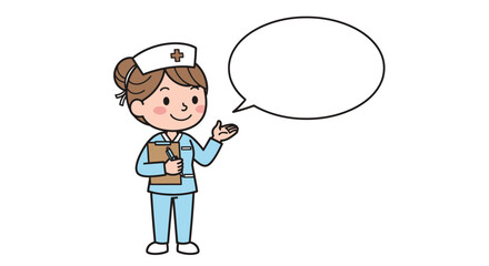 Cartoon nurse presenting information with speech bubble, illustration for healthcare topics and