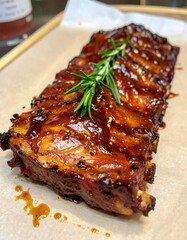 Barbecue Pork Ribs with Glaze and Herbs for Premium Meat Food Object and Grilled Cuisine Concept