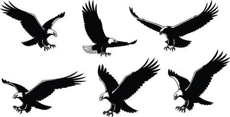 Obraz premium Set of eagle silhouettes in various flying positions perfect for logos, tattoos or graphic design