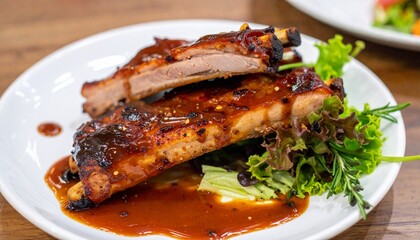 Barbecue Pork Ribs with Glaze and Herbs for Premium Meat Food Object and Grilled Cuisine Concept