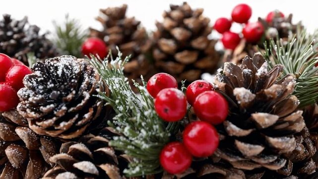 A festive pinecone wreath adorned with red berries and evergreen sprigs.