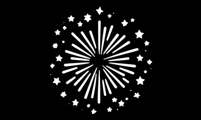 Firework burst and starburst icon. Simple white celebration graphic with stars, isolated on a black background. Vector symbol for New Year, holidays, and success.

