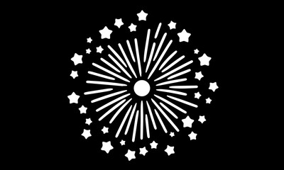 Firework burst and starburst icon. Simple white celebration graphic with stars, isolated on a black background. Vector symbol for New Year, holidays, and success.

