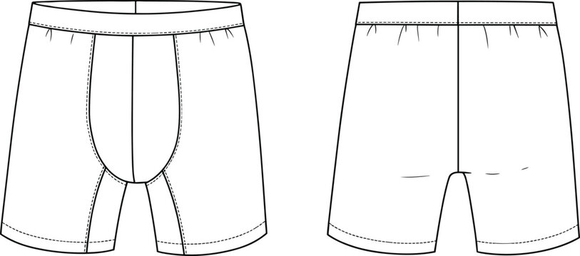Men boxer shorts front and back view, underwear apparel fashion template, clothing flat sketch design, CAD drawing flat vector illustration