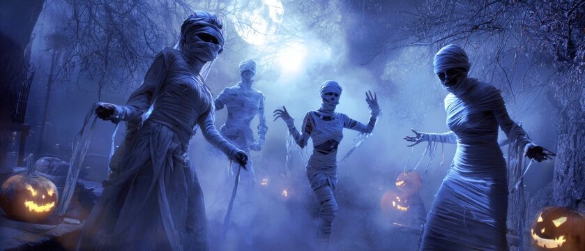 Spirits and shadows: revelers transformed in a surreal halloween fest. Avant-garde shots. Twisting mummy and enchanted guests in a fog-kissed, pumpkin-lit spectacle. Surreal composition. - Powered by Adobe