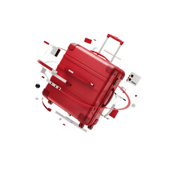 3d Red Suitcase Exploded View Isolated Transparent Background