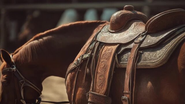 Brown horse wearing an ornate carved leather Western saddle on its back.