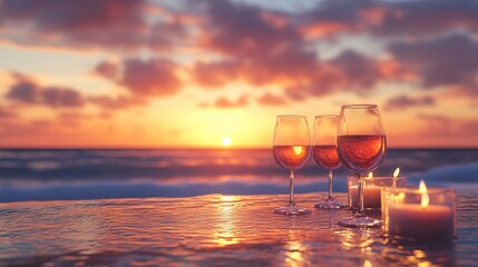 Sip rosé wine with flickering candles by the ocean as a vibrant sunset paints the sky, creating a romantic and tranquil escape.