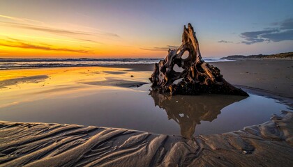 Golden Hour Serenity: Dramatic Driftwood Sculpture Reflecting on a Vibrant Beach at Sunset