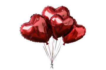 Red foil heart balloons gently tied together create a festive display suitable for celebrations and romantic occasions