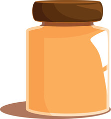 Closed glass jar with brown lid containing orange substance casting shadow, ideal for food, cosmetics or pharmaceutical products