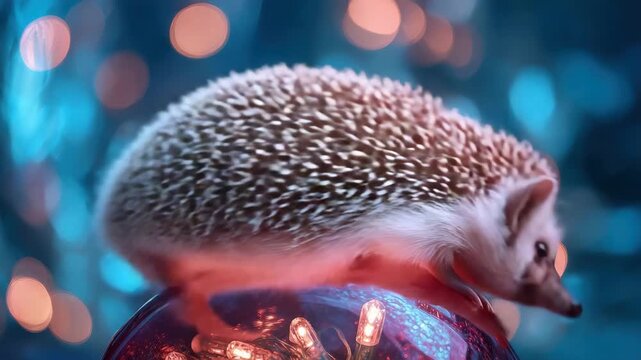 A curious hedgehog climbs on a shiny ornament surrounded by twinkling lights and festive decor