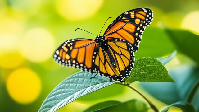 A butterfly is sitting on a leaf. The butterfly is orange and black. The leaf is green. A graceful butterfly resting on a leaf with a blurred background