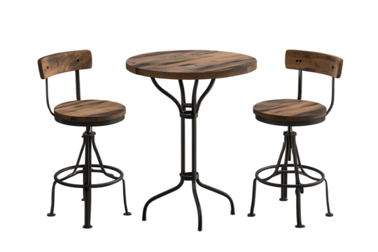 Pub table set features a round tabletop and two high stools crafted from wood and metal, perfect for casual dining or social gatherings