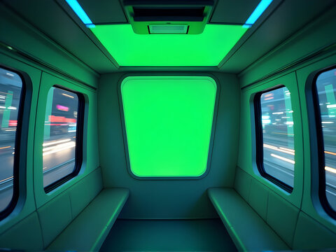 Futuristic passenger vehicle interior with green screen, providing a transparent isolated backdrop