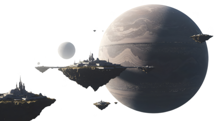 3D SciFi Floating Islands Near Textured Planet