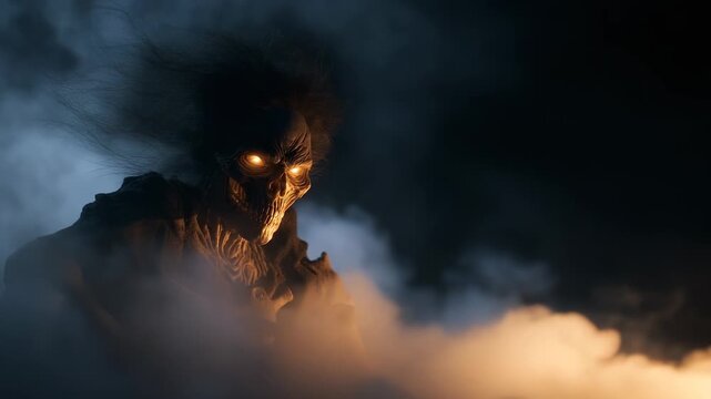 Creature appears from dark smoke with glowing eyes. Demon face and evil spirit take form in horror setting. Villain monster returns. Darkness surrounds ghost and demon with haunting presence