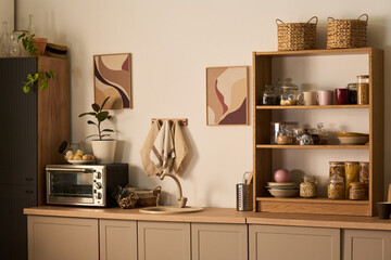 Fototapeta premium Modern kitchen interior featuring wooden shelves holding glass jars with grains, mugs, bowls, potted plant, toaster oven, towels hanging on hooks, abstract wall art, copy space