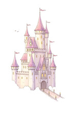Obraz premium Illustration Of A Pink Fairy Tale Castle With Flags And Lights