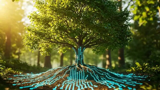 A majestic green tree stands in a sunny park or lush forest landscape, a symbol of nature and the vibrant summer season