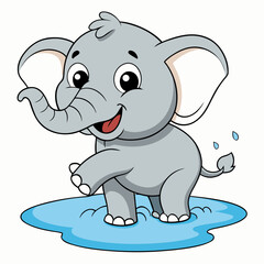 Naklejka premium Cute Baby Elephant Playing in Water Flat Illustration