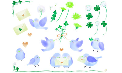 小鳥とクローバーのセットイラスト(青色)