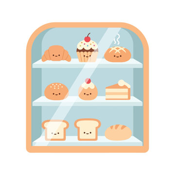 Sweet cartoon bakery display case filled with adorable smiling breads, pastries, and cake for delightful designs